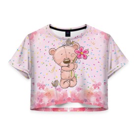 Женская футболка Crop-top 3D с принтом Милый мишка с цветочком в Екатеринбурге, 100% полиэстер | круглая горловина, длина футболки до линии талии, рукава с отворотами | воробушек | воробьи | медведь | медвежонок | мишка | плюшевый мишка | подарок | птичка | цветок | цветочки