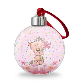 Ёлочный шар с принтом Милый мишка с цветочком в Екатеринбурге, Пластик | Диаметр: 77 мм | воробушек | воробьи | медведь | медвежонок | мишка | плюшевый мишка | подарок | птичка | цветок | цветочки