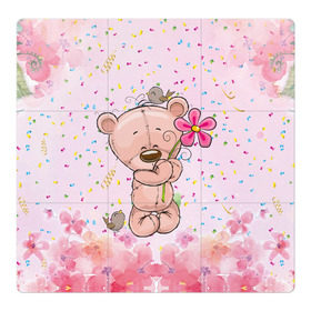 Магнитный плакат 3Х3 с принтом Милый мишка с цветочком в Екатеринбурге, Полимерный материал с магнитным слоем | 9 деталей размером 9*9 см | Тематика изображения на принте: воробушек | воробьи | медведь | медвежонок | мишка | плюшевый мишка | подарок | птичка | цветок | цветочки