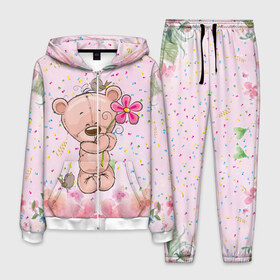 Мужской костюм 3D с принтом Милый мишка с цветочком в Екатеринбурге, 100% полиэстер | Манжеты и пояс оформлены тканевой резинкой, двухслойный капюшон со шнурком для регулировки, карманы спереди | воробушек | воробьи | медведь | медвежонок | мишка | плюшевый мишка | подарок | птичка | цветок | цветочки