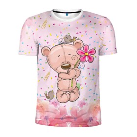 Мужская футболка 3D спортивная с принтом Милый мишка с цветочком в Екатеринбурге, 100% полиэстер с улучшенными характеристиками | приталенный силуэт, круглая горловина, широкие плечи, сужается к линии бедра | воробушек | воробьи | медведь | медвежонок | мишка | плюшевый мишка | подарок | птичка | цветок | цветочки