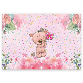 Поздравительная открытка с принтом Милый мишка с цветочком в Екатеринбурге, 100% бумага | плотность бумаги 280 г/м2, матовая, на обратной стороне линовка и место для марки
 | воробушек | воробьи | медведь | медвежонок | мишка | плюшевый мишка | подарок | птичка | цветок | цветочки