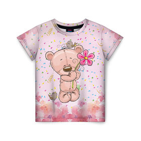 Детская футболка 3D с принтом Милый мишка с цветочком в Екатеринбурге, 100% гипоаллергенный полиэфир | прямой крой, круглый вырез горловины, длина до линии бедер, чуть спущенное плечо, ткань немного тянется | воробушек | воробьи | медведь | медвежонок | мишка | плюшевый мишка | подарок | птичка | цветок | цветочки