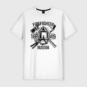 Мужская футболка хлопок Slim с принтом FIREFIGHTER RUSSIA в Екатеринбурге, 92% хлопок, 8% лайкра | приталенный силуэт, круглый вырез ворота, длина до линии бедра, короткий рукав | 112 | 23 февраля | 27 декабря | firefighter | герб | гкчс | знак | лого | логотип | министерство | мчс | мчс россии | мчсник | по чрезв | пожарная охрана | пожарник | пожарный | пч | россии | рф | символ | ситуации