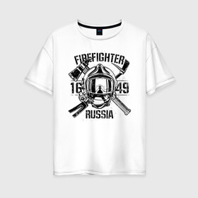 Женская футболка хлопок Oversize с принтом FIREFIGHTER RUSSIA в Екатеринбурге, 100% хлопок | свободный крой, круглый ворот, спущенный рукав, длина до линии бедер
 | 112 | 23 февраля | 27 декабря | firefighter | герб | гкчс | знак | лого | логотип | министерство | мчс | мчс россии | мчсник | по чрезв | пожарная охрана | пожарник | пожарный | пч | россии | рф | символ | ситуации