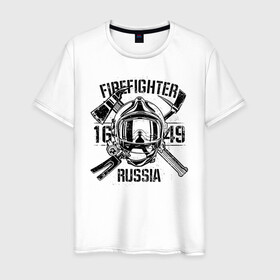 Мужская футболка хлопок с принтом FIREFIGHTER RUSSIA в Екатеринбурге, 100% хлопок | прямой крой, круглый вырез горловины, длина до линии бедер, слегка спущенное плечо. | Тематика изображения на принте: 112 | 23 февраля | 27 декабря | firefighter | герб | гкчс | знак | лого | логотип | министерство | мчс | мчс россии | мчсник | по чрезв | пожарная охрана | пожарник | пожарный | пч | россии | рф | символ | ситуации