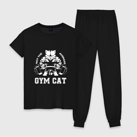 Женская пижама хлопок с принтом GYM Cat в Екатеринбурге, 100% хлопок | брюки и футболка прямого кроя, без карманов, на брюках мягкая резинка на поясе и по низу штанин | Тематика изображения на принте: animal | cat | cute | gym | kitty | meow | атлет | друг | животные | качок | киска | китти | кот | котенок | котик | кошечка | кошка | лев | леопард | милый | мур | мяу | надпись | пантера | питомец | рысь | сила | текст | тигр