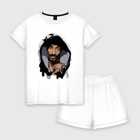 Женская пижама с шортиками хлопок с принтом Snoop Dogg в Екатеринбурге, 100% хлопок | футболка прямого кроя, шорты свободные с широкой мягкой резинкой | 2pac | black | dog | dr dre | hip hop | rap | snoop dogg | west coast | гангстер | микрофон | музыка | рифма | рэп | рэпер | снуп дог | собака | хип хоп