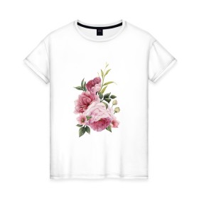 Женская футболка хлопок с принтом Пионы в Екатеринбурге, 100% хлопок | прямой крой, круглый вырез горловины, длина до линии бедер, слегка спущенное плечо | big picture | картинки | лето | пионы | прикольные | тренды | цветы