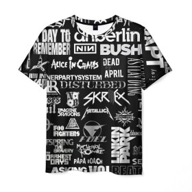 Мужская футболка 3D с принтом Рок группы в Екатеринбурге, 100% полиэфир | прямой крой, круглый вырез горловины, длина до линии бедер | английский | белый | иностранные надписи | музыка | название | рок | серый | черный | черный фон