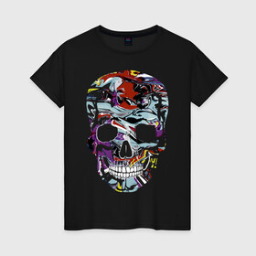 Женская футболка хлопок с принтом Skull в Екатеринбурге, 100% хлопок | прямой крой, круглый вырез горловины, длина до линии бедер, слегка спущенное плечо | color | fashion | grin | jaw | orbits | paint | skull | teeth | vanguard | глазницы | зубы | краска | мода | оскал | пасть | цвет | череп