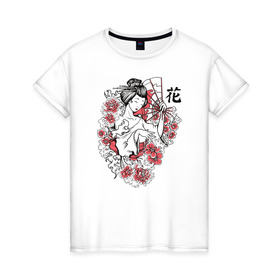 Женская футболка хлопок с принтом Гейша в Екатеринбурге, 100% хлопок | прямой крой, круглый вырез горловины, длина до линии бедер, слегка спущенное плечо | иллюстрация | рисунок | сакура | цветы | япония