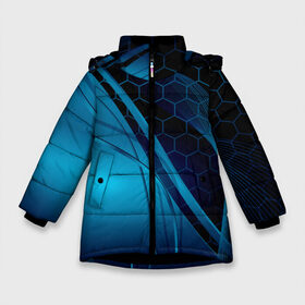 Зимняя куртка для девочек 3D с принтом ABSTRACT BLUE в Екатеринбурге, ткань верха — 100% полиэстер; подклад — 100% полиэстер, утеплитель — 100% полиэстер. | длина ниже бедра, удлиненная спинка, воротник стойка и отстегивающийся капюшон. Есть боковые карманы с листочкой на кнопках, утяжки по низу изделия и внутренний карман на молнии. 

Предусмотрены светоотражающий принт на спинке, радужный светоотражающий элемент на пуллере молнии и на резинке для утяжки. | Тематика изображения на принте: abstraction | geometry | hexagon | neon | paints | stripes | texture | triangle | абстракция | брызги | геометрия | краски | неон | неоновый | соты | текстура