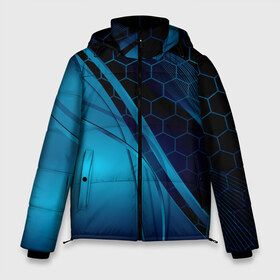 Мужская зимняя куртка 3D с принтом ABSTRACT BLUE в Екатеринбурге, верх — 100% полиэстер; подкладка — 100% полиэстер; утеплитель — 100% полиэстер | длина ниже бедра, свободный силуэт Оверсайз. Есть воротник-стойка, отстегивающийся капюшон и ветрозащитная планка. 

Боковые карманы с листочкой на кнопках и внутренний карман на молнии. | Тематика изображения на принте: abstraction | geometry | hexagon | neon | paints | stripes | texture | triangle | абстракция | брызги | геометрия | краски | неон | неоновый | соты | текстура