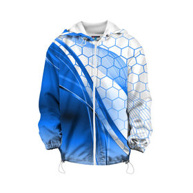 Детская куртка 3D с принтом ABSTRACT BLUE в Екатеринбурге, 100% полиэстер | застежка — молния, подол и капюшон оформлены резинкой с фиксаторами, по бокам — два кармана без застежек, один потайной карман на груди, плотность верхнего слоя — 90 г/м2; плотность флисового подклада — 260 г/м2 | abstraction | geometry | hexagon | neon | paints | stripes | texture | triangle | абстракция | брызги | геометрия | краски | неон | неоновый | соты | текстура