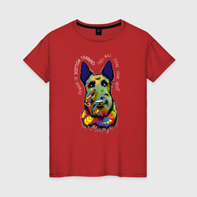 Женская футболка хлопок с принтом Берегись Шотландского терьера в Екатеринбурге, 100% хлопок | прямой крой, круглый вырез горловины, длина до линии бедер, слегка спущенное плечо | абстракция | берегись | любовь | мило | радуга | разноцветная | собаки | шотландский терьер