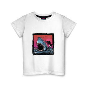 Детская футболка хлопок с принтом White Shark в Екатеринбурге, 100% хлопок | круглый вырез горловины, полуприлегающий силуэт, длина до линии бедер | белая акула | животные | зубы | лето | море | опасный | пальмы | пляж | природа | ретро | рыба | хищник | челюсть | чудовище
