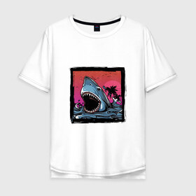 Мужская футболка хлопок Oversize с принтом White Shark в Екатеринбурге, 100% хлопок | свободный крой, круглый ворот, “спинка” длиннее передней части | белая акула | животные | зубы | лето | море | опасный | пальмы | пляж | природа | ретро | рыба | хищник | челюсть | чудовище