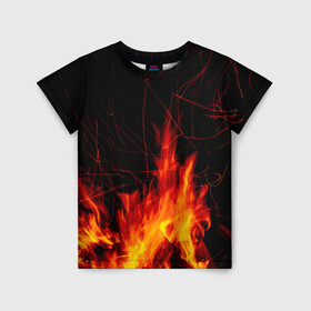 Детская футболка 3D с принтом Ночной костер в лесу в Екатеринбурге, 100% гипоаллергенный полиэфир | прямой крой, круглый вырез горловины, длина до линии бедер, чуть спущенное плечо, ткань немного тянется | дрова | искры | ночь | огонь