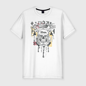Мужская футболка премиум с принтом Крутой череп в Екатеринбурге, 92% хлопок, 8% лайкра | приталенный силуэт, круглый вырез ворота, длина до линии бедра, короткий рукав | белый | желтый | корона | красный | очки | птицы | череп | черный
