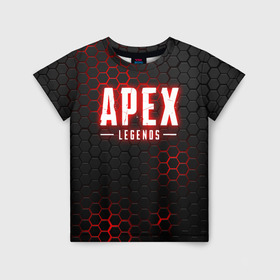 Детская футболка 3D с принтом APEX LEGENDS | АПЕКС ЛЕГЕНДС в Екатеринбурге, 100% гипоаллергенный полиэфир | прямой крой, круглый вырез горловины, длина до линии бедер, чуть спущенное плечо, ткань немного тянется | apex | apex legends | battle | battle royal | bloodhound | titanfall | wraith | апекс | апекс легендс | батл рояль | битва | война | каустик | королевская битва