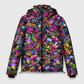 Мужская зимняя куртка 3D с принтом Мистические цветы в Екатеринбурге, верх — 100% полиэстер; подкладка — 100% полиэстер; утеплитель — 100% полиэстер | длина ниже бедра, свободный силуэт Оверсайз. Есть воротник-стойка, отстегивающийся капюшон и ветрозащитная планка. 

Боковые карманы с листочкой на кнопках и внутренний карман на молнии. | букет | клумба | листья | луг | паттерн | психоделика | растения | узор | цветок | цветочки | цветы