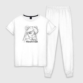Женская пижама хлопок с принтом Еда Делает Меня Счастливой! SM в Екатеринбурге, 100% хлопок | брюки и футболка прямого кроя, без карманов, на брюках мягкая резинка на поясе и по низу штанин | 90s | anime girl | cute | kawaii | luna | sailor moon | usagi tsukino | аниме | аниме девушка | каваии | кавай | луна | манга | марс | меркурий | сейлор | сейлор мун | усаги цукино