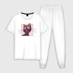 Мужская пижама хлопок с принтом Luna, Sailor Moon в Екатеринбурге, 100% хлопок | брюки и футболка прямого кроя, без карманов, на брюках мягкая резинка на поясе и по низу штанин
 | 90s | cat | cute | kawaii | kitty | luna | sailor moon | usagi tsukino | аниме | каваии | кавай | кот | котики | луна | манга | марс | меркурий | милота | сейлор | сейлор мун | усаги цукино