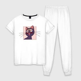 Женская пижама хлопок с принтом Luna Sailor Moon в Екатеринбурге, 100% хлопок | брюки и футболка прямого кроя, без карманов, на брюках мягкая резинка на поясе и по низу штанин | 90s | cat | cute | kawaii | kitty | luna | sailor moon | usagi tsukino | аниме | каваии | кавай | кот | котики | луна | манга | марс | меркурий | милота | сейлор | сейлор мун | усаги цукино