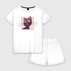 Женская пижама с шортиками хлопок с принтом Luna, Sailor Moon в Екатеринбурге, 100% хлопок | футболка прямого кроя, шорты свободные с широкой мягкой резинкой | Тематика изображения на принте: 90s | cat | cute | kawaii | kitty | luna | sailor moon | usagi tsukino | аниме | каваии | кавай | кот | котики | луна | манга | марс | меркурий | милота | сейлор | сейлор мун | усаги цукино