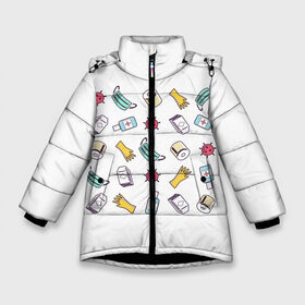 Зимняя куртка для девочек 3D с принтом Covid-19 в Екатеринбурге, ткань верха — 100% полиэстер; подклад — 100% полиэстер, утеплитель — 100% полиэстер. | длина ниже бедра, удлиненная спинка, воротник стойка и отстегивающийся капюшон. Есть боковые карманы с листочкой на кнопках, утяжки по низу изделия и внутренний карман на молнии. 

Предусмотрены светоотражающий принт на спинке, радужный светоотражающий элемент на пуллере молнии и на резинке для утяжки. | Тематика изображения на принте: вирус | изоляция | коронавирус | предметы | самоизоляция
