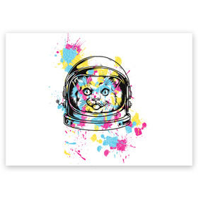 Поздравительная открытка с принтом Кот в скафандре в Екатеринбурге, 100% бумага | плотность бумаги 280 г/м2, матовая, на обратной стороне линовка и место для марки
 | арт | в космосе | животные | картинка | кляксы | космос | кот | кошка | принт | рисунок | скафандр | цветное