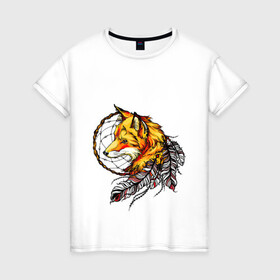 Женская футболка хлопок с принтом Страж снов в Екатеринбурге, 100% хлопок | прямой крой, круглый вырез горловины, длина до линии бедер, слегка спущенное плечо | арт | желтый | животные | картинка | лис | лиса | ловец снов | перо | перья | рисунок | рыжий