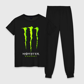 Женская пижама хлопок с принтом MONSTER ENERGY в Екатеринбурге, 100% хлопок | брюки и футболка прямого кроя, без карманов, на брюках мягкая резинка на поясе и по низу штанин | black monster | bmx | claw | cybersport | energy | monster | monster energy | moto | motocross | race | sport | киберспорт | когти | монстер энерджи | монстр | мото | мотокросс | ралли | скейтбординг | спорт | т | энергия