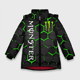 Зимняя куртка для девочек 3D с принтом MONSTER ENERGY в Екатеринбурге, ткань верха — 100% полиэстер; подклад — 100% полиэстер, утеплитель — 100% полиэстер. | длина ниже бедра, удлиненная спинка, воротник стойка и отстегивающийся капюшон. Есть боковые карманы с листочкой на кнопках, утяжки по низу изделия и внутренний карман на молнии. 

Предусмотрены светоотражающий принт на спинке, радужный светоотражающий элемент на пуллере молнии и на резинке для утяжки. | black monster | bmx | claw | cybersport | energy | monster | monster energy | moto | motocross | race | sport | киберспорт | когти | монстер энерджи | монстр | мото | мотокросс | ралли | скейтбординг | спорт | т | энергия