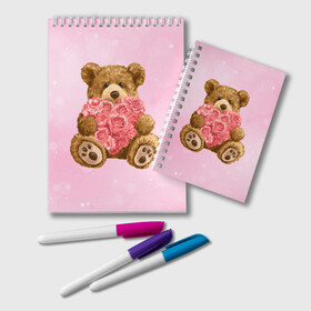 Блокнот с принтом Плюшевый медведь с сердечком в Екатеринбурге, 100% бумага | 48 листов, плотность листов — 60 г/м2, плотность картонной обложки — 250 г/м2. Листы скреплены удобной пружинной спиралью. Цвет линий — светло-серый
 | Тематика изображения на принте: арт | животные | картинка | медвежонок | мишка | плюшевый медведь | рисунок | розовые цветы | розочки | розы | сердечко | сердце | сердце из роз | цветы