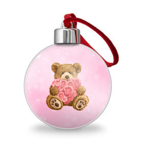 Ёлочный шар с принтом Плюшевый медведь с сердечком в Екатеринбурге, Пластик | Диаметр: 77 мм | Тематика изображения на принте: арт | животные | картинка | медвежонок | мишка | плюшевый медведь | рисунок | розовые цветы | розочки | розы | сердечко | сердце | сердце из роз | цветы