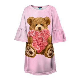 Детское платье 3D с принтом Плюшевый медведь с сердечком в Екатеринбурге, 100% полиэстер | прямой силуэт, чуть расширенный к низу. Круглая горловина, на рукавах — воланы | Тематика изображения на принте: арт | животные | картинка | медвежонок | мишка | плюшевый медведь | рисунок | розовые цветы | розочки | розы | сердечко | сердце | сердце из роз | цветы