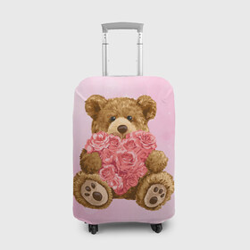Чехол для чемодана 3D с принтом Плюшевый медведь с сердечком в Екатеринбурге, 86% полиэфир, 14% спандекс | двустороннее нанесение принта, прорези для ручек и колес | арт | животные | картинка | медвежонок | мишка | плюшевый медведь | рисунок | розовые цветы | розочки | розы | сердечко | сердце | сердце из роз | цветы