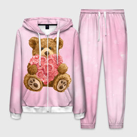 Мужской костюм 3D с принтом Плюшевый медведь с сердечком в Екатеринбурге, 100% полиэстер | Манжеты и пояс оформлены тканевой резинкой, двухслойный капюшон со шнурком для регулировки, карманы спереди | арт | животные | картинка | медвежонок | мишка | плюшевый медведь | рисунок | розовые цветы | розочки | розы | сердечко | сердце | сердце из роз | цветы