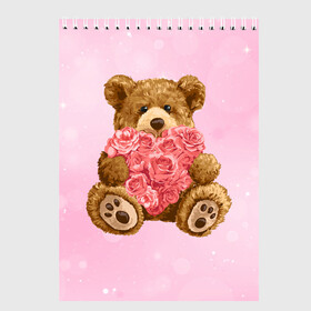 Скетчбук с принтом Плюшевый медведь с сердечком в Екатеринбурге, 100% бумага
 | 48 листов, плотность листов — 100 г/м2, плотность картонной обложки — 250 г/м2. Листы скреплены сверху удобной пружинной спиралью | Тематика изображения на принте: арт | животные | картинка | медвежонок | мишка | плюшевый медведь | рисунок | розовые цветы | розочки | розы | сердечко | сердце | сердце из роз | цветы