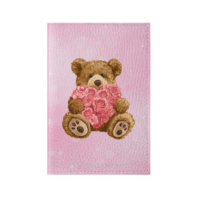 Обложка для паспорта матовая кожа с принтом Плюшевый медведь с сердечком в Екатеринбурге, натуральная матовая кожа | размер 19,3 х 13,7 см; прозрачные пластиковые крепления | арт | животные | картинка | медвежонок | мишка | плюшевый медведь | рисунок | розовые цветы | розочки | розы | сердечко | сердце | сердце из роз | цветы