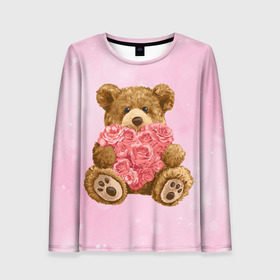 Женский лонгслив 3D с принтом Плюшевый медведь с сердечком в Екатеринбурге, 100% полиэстер | длинные рукава, круглый вырез горловины, полуприлегающий силуэт | арт | животные | картинка | медвежонок | мишка | плюшевый медведь | рисунок | розовые цветы | розочки | розы | сердечко | сердце | сердце из роз | цветы