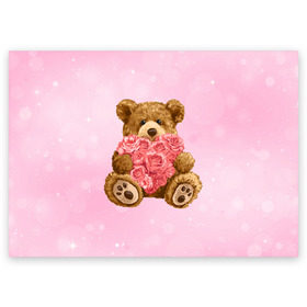 Поздравительная открытка с принтом Плюшевый медведь с сердечком в Екатеринбурге, 100% бумага | плотность бумаги 280 г/м2, матовая, на обратной стороне линовка и место для марки
 | арт | животные | картинка | медвежонок | мишка | плюшевый медведь | рисунок | розовые цветы | розочки | розы | сердечко | сердце | сердце из роз | цветы