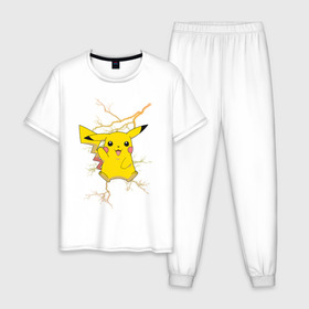 Мужская пижама хлопок с принтом Pikachu в Екатеринбурге, 100% хлопок | брюки и футболка прямого кроя, без карманов, на брюках мягкая резинка на поясе и по низу штанин
 | anime | pikachu | pokemon | pokemon logo | аниме | анимэ | пика | пикачу | покемон | покемон постер | эш и пикачу | эш кетчум | япония | японский