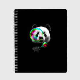 Тетрадь с принтом Панда и мыльный пузырь в Екатеринбурге, 100% бумага | 48 листов, плотность листов — 60 г/м2, плотность картонной обложки — 250 г/м2. Листы скреплены сбоку удобной пружинной спиралью. Уголки страниц и обложки скругленные. Цвет линий — светло-серый
 | арт | животные | забавная панда | зверь панда | мыльный пузырь | панда | панды | пузырь | рисунок