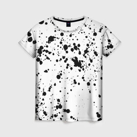 Женская футболка 3D с принтом Далматинец - брызги чёрными пятнами в Екатеринбурге, 100% полиэфир ( синтетическое хлопкоподобное полотно) | прямой крой, круглый вырез горловины, длина до линии бедер | брызги краски | далматинец | краска | пятно | с брызгами | черные пятна