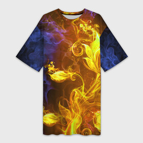 Платье-футболка 3D с принтом Огненный цветок в Екатеринбурге,  |  | fire | flame | luxe | абстракция | дым | золото | золотой | красивая | огонь | пламя | пламя космос | психоделика | разводы красок | синий | фракталы | цветок