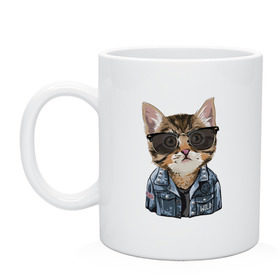 Кружка с принтом Кот в очках в Екатеринбурге, керамика | объем — 330 мл, диаметр — 80 мм. Принт наносится на бока кружки, можно сделать два разных изображения | cat | в очках | кот | кот рокер | котик | котяра | кошка | крутой кот | милый | милый кот | рокер