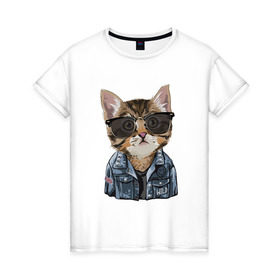 Женская футболка хлопок с принтом Кот в очках в Екатеринбурге, 100% хлопок | прямой крой, круглый вырез горловины, длина до линии бедер, слегка спущенное плечо | cat | в очках | кот | кот рокер | котик | котяра | кошка | крутой кот | милый | милый кот | рокер